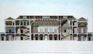 Tværsnit af Palace of the Prince of Orange, Bruxelles, fra udvalg af de mest fremragende monumenter, bygninger og huse i Kongeriget Nederlandene af Pierre Jacques Goetghebuer, udgivet 1827 (aq.